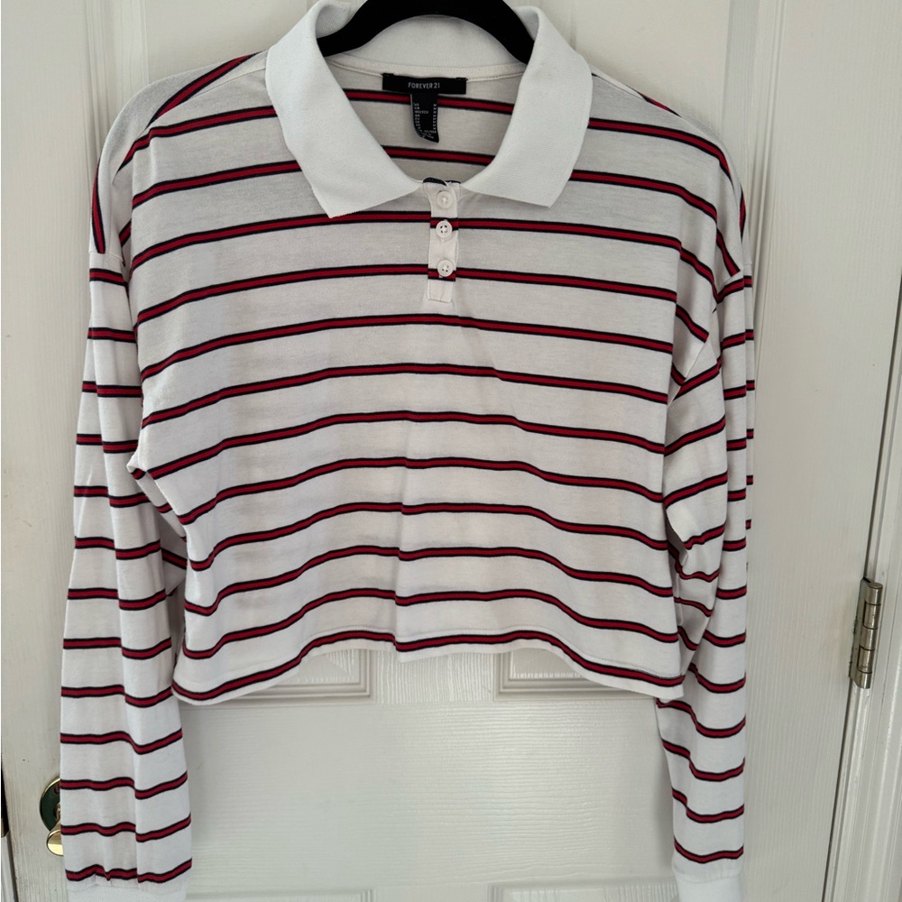 Forever 21 White and Red Striped Crop Top